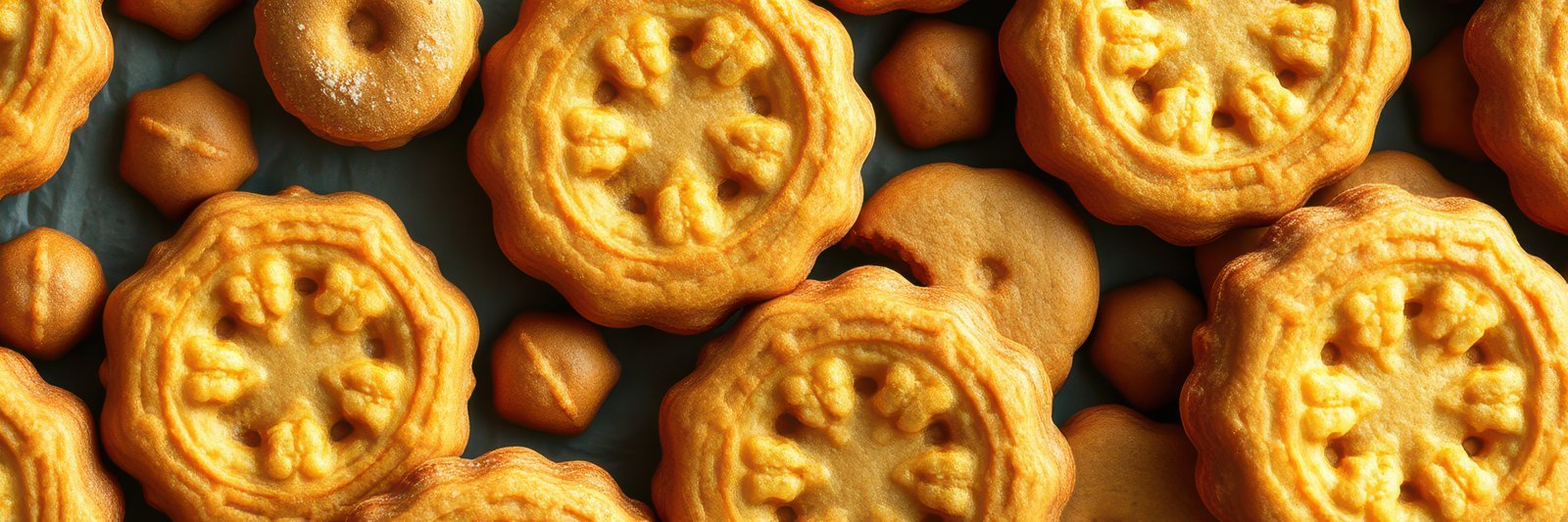 Delicious assortment of golden-baked cookies arranged on a baking sheet ready for tasting